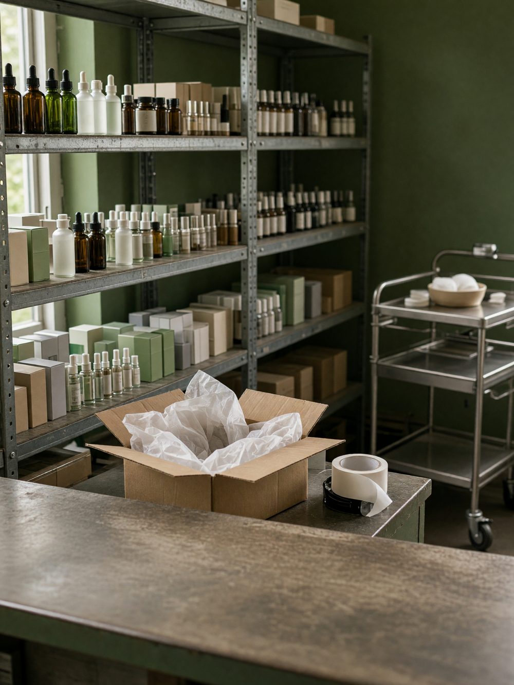 Magazzino di un ecommerce di prodotti beauty professionali, con scaffali di flaconi e un pacco pronto per la spedizione
